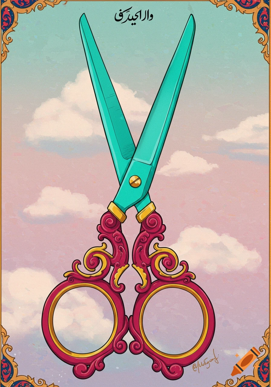 An ornate pair of teal scissors with decorative pink and gold handles, set against a soft pastel sky with clouds, framed by a patterned border.