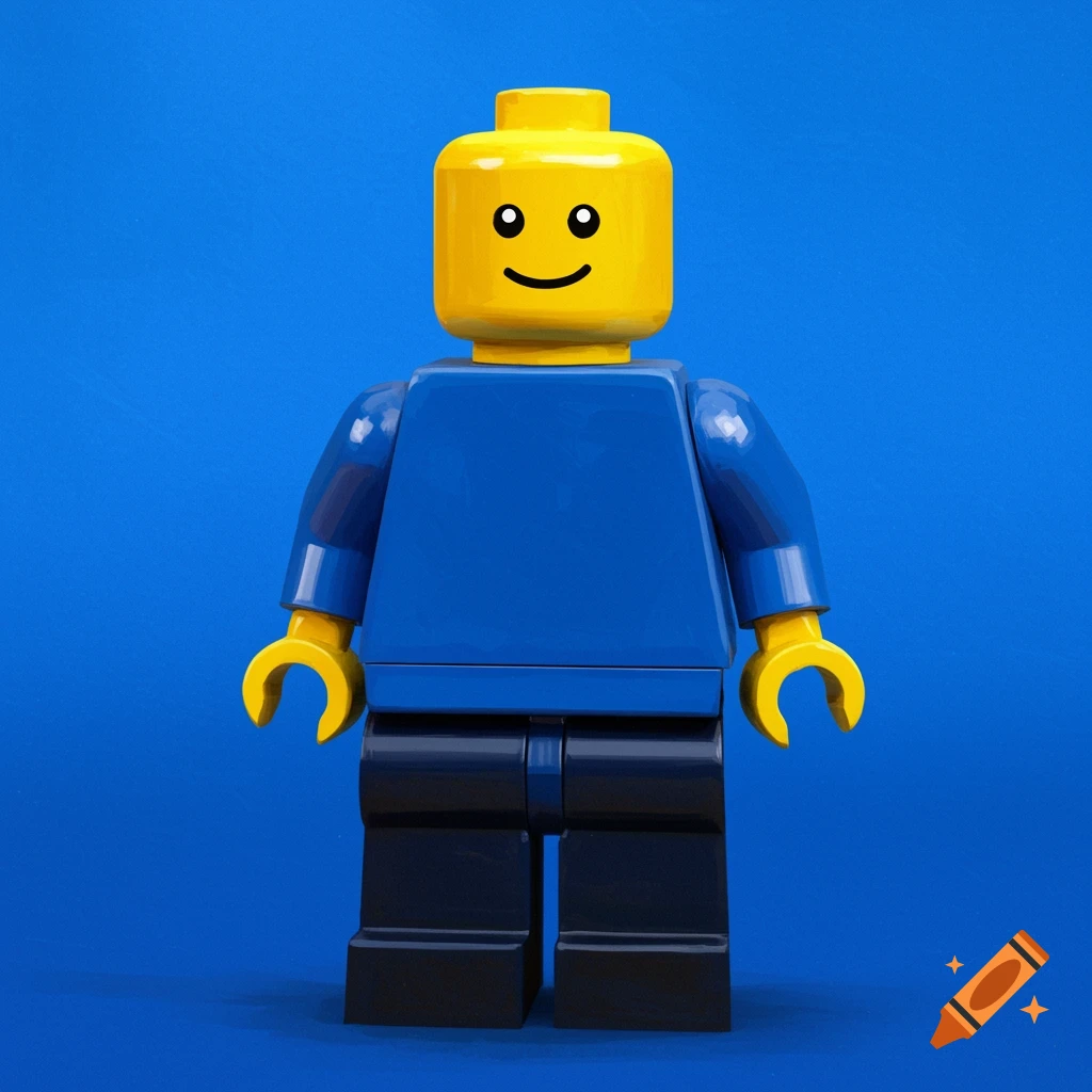 A yellow and blue Lego minifigure with a happy face stands against a blue background.