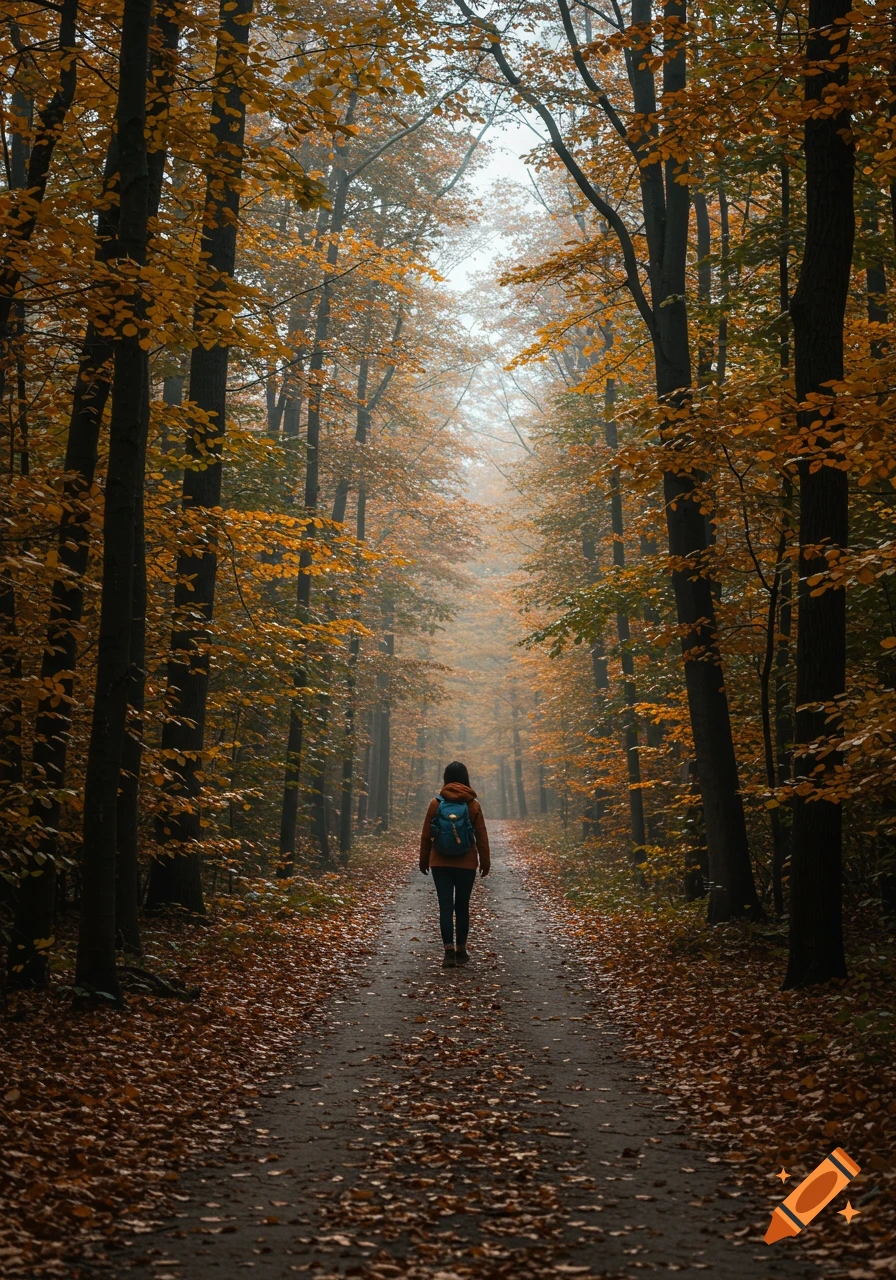 A person with a backpack walks down a leaf-strewn path through a foggy autumn forest with orange and yellow trees.