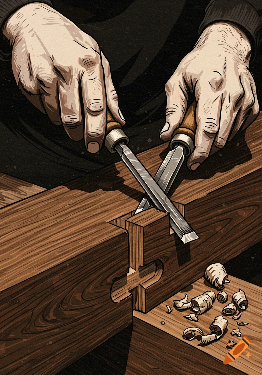 An illustration of hands using two chisels to cut a mortise joint in a wooden beam, with wood shavings scattered around.