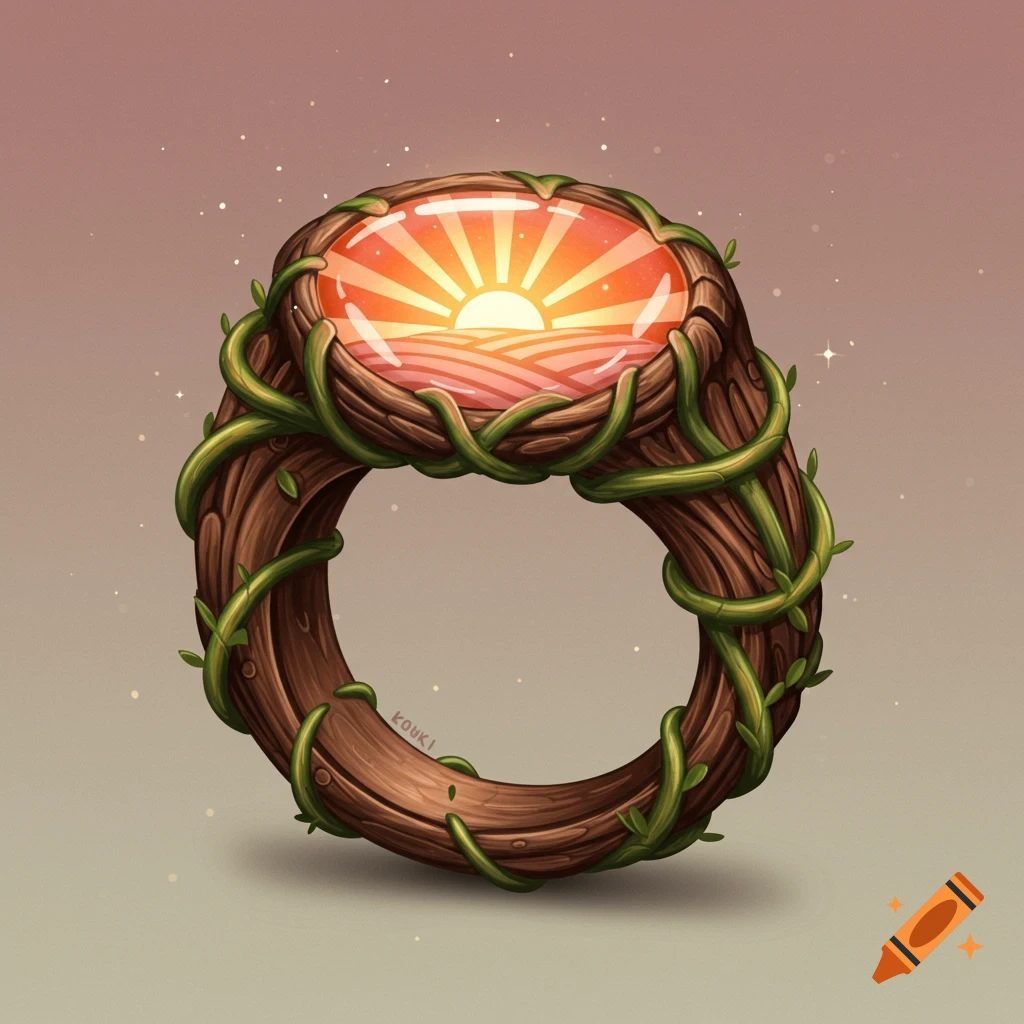 A whimsical ring made of gnarled wood and vines with a sunrise emblem set in a glowing gemstone.