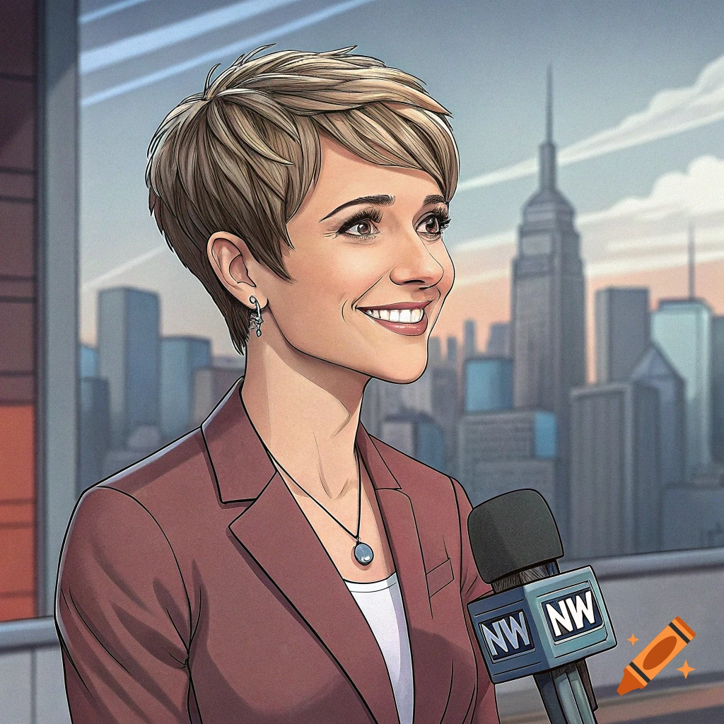 An illustrated portrait of a smiling female reporter with a pixie cut, holding a microphone, with a cityscape background at sunset.