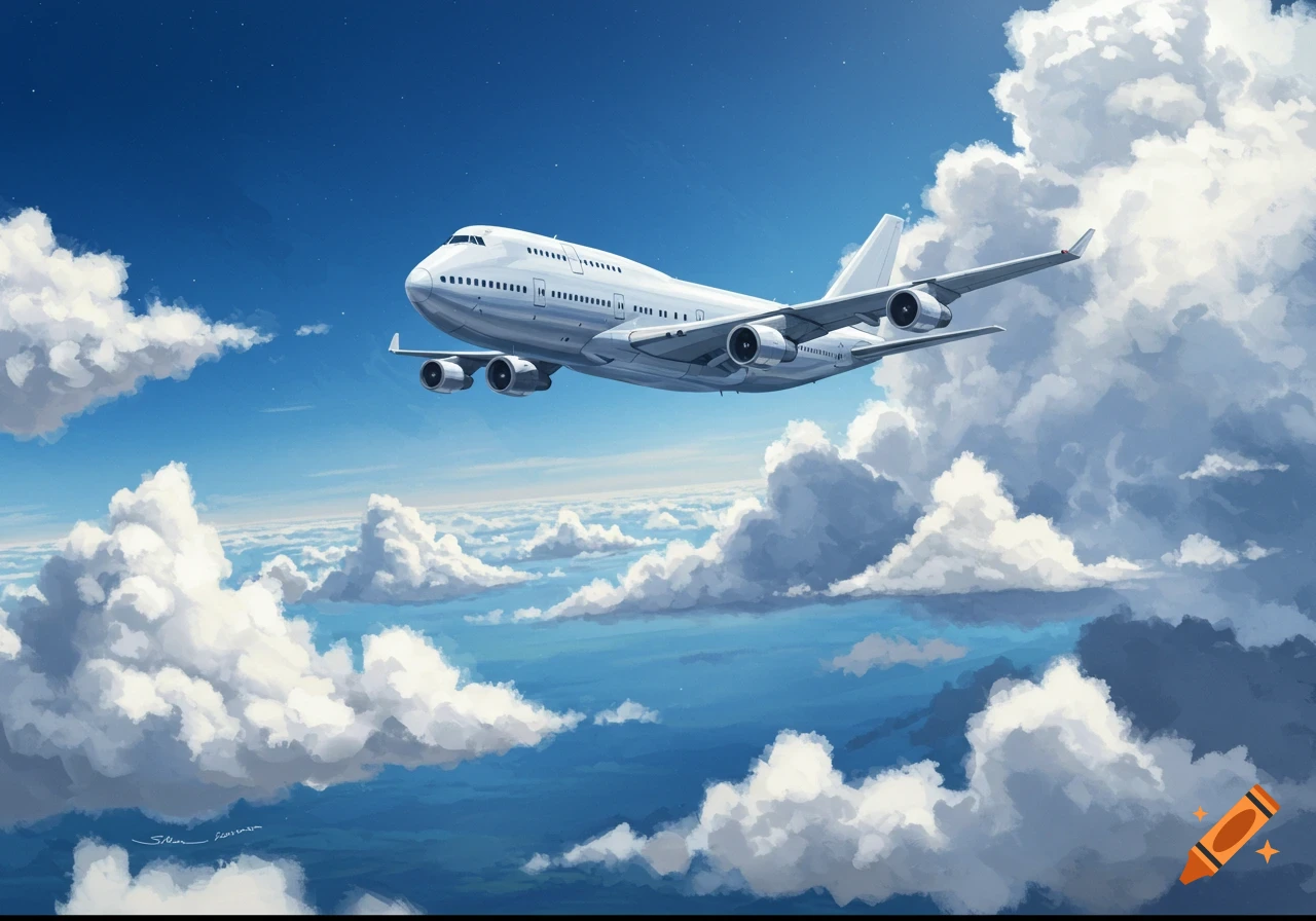 A white passenger airplane flies amidst fluffy white clouds in a bright blue sky, in a vibrant illustration style.