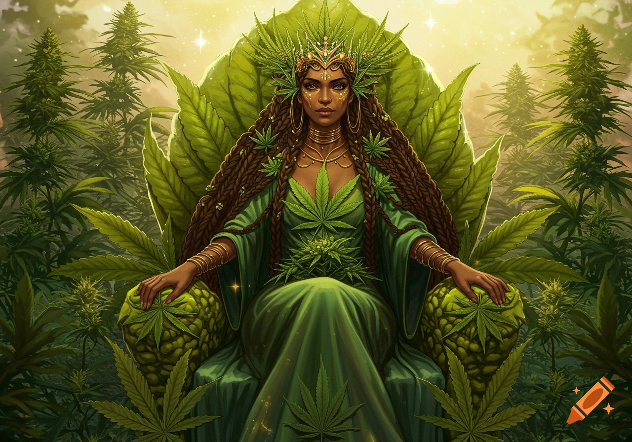 A fantasy illustration of a goddess-like figure adorned with cannabis leaves, seated on a throne surrounded by cannabis plants.
