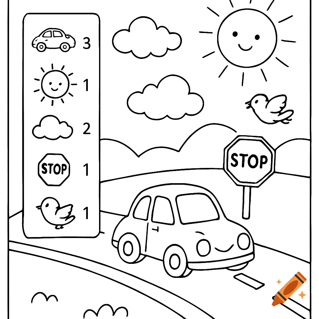 Black and white line art coloring page for kids showing a car driving on a road, a stop sign, clouds, and a sun. A checklist on the left lists objects to find with their quantities.