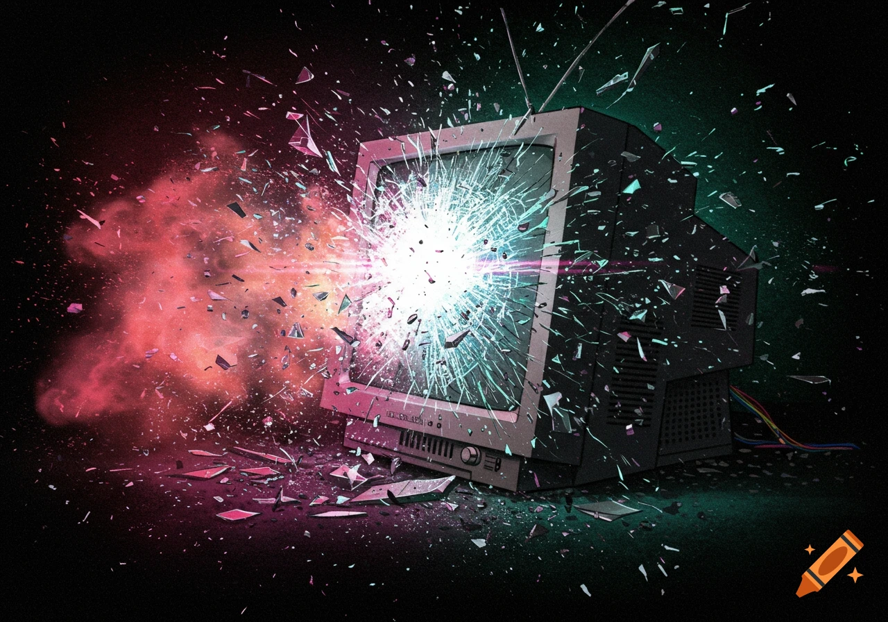 A retro CRT television explodes, with bright light and shattered glass shards flying outwards against a dark, colorful background.