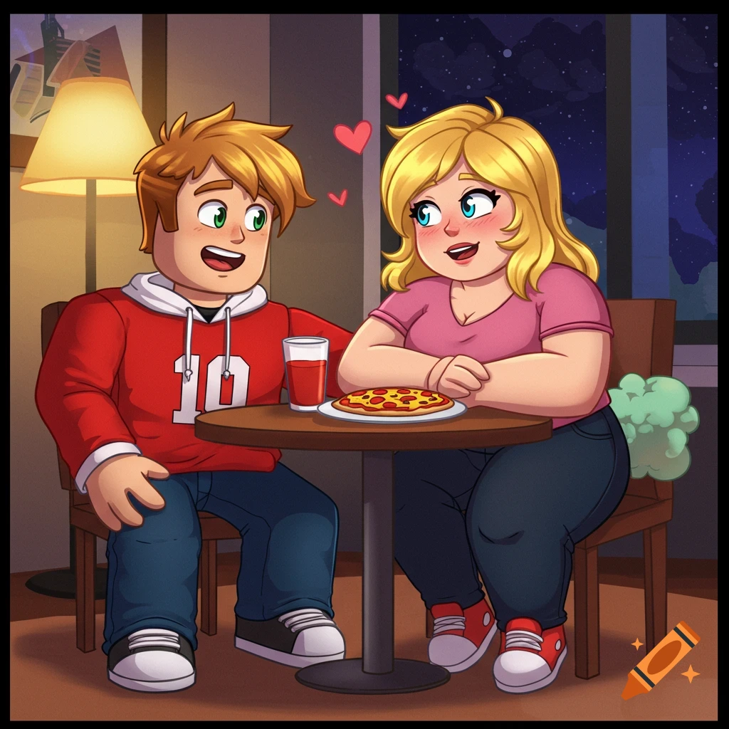A cartoon boy and girl on a date, sitting at a table with pizza and drinks, with hearts floating above them.