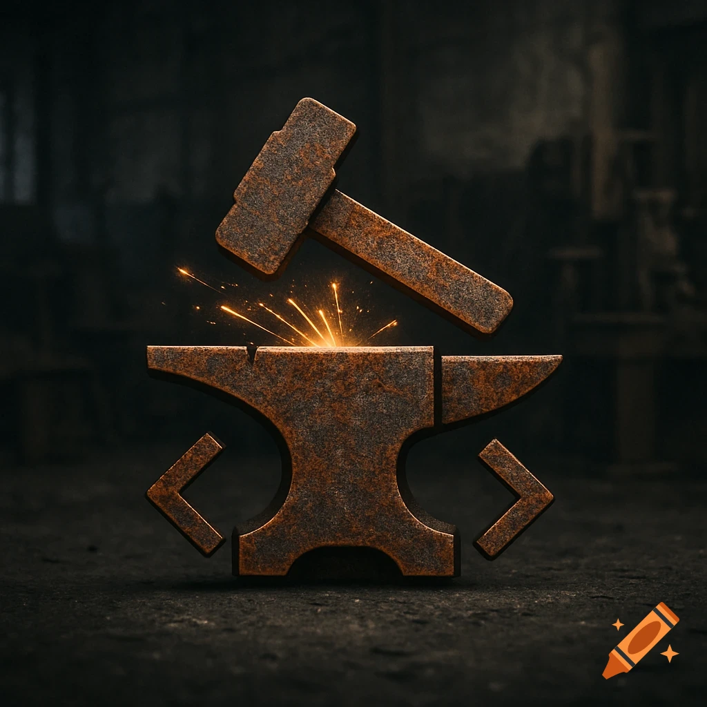 A stylized industrial logo featuring a rusty hammer hitting an anvil, generating bright sparks in a dark foundry background.