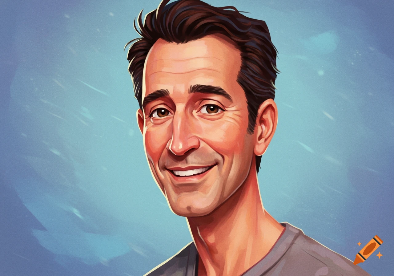 Stylized illustration of a smiling man with brown hair against a blue background.