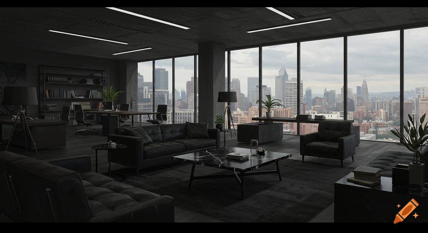 A dark, modern office with black furniture and large windows overlooking a cityscape.