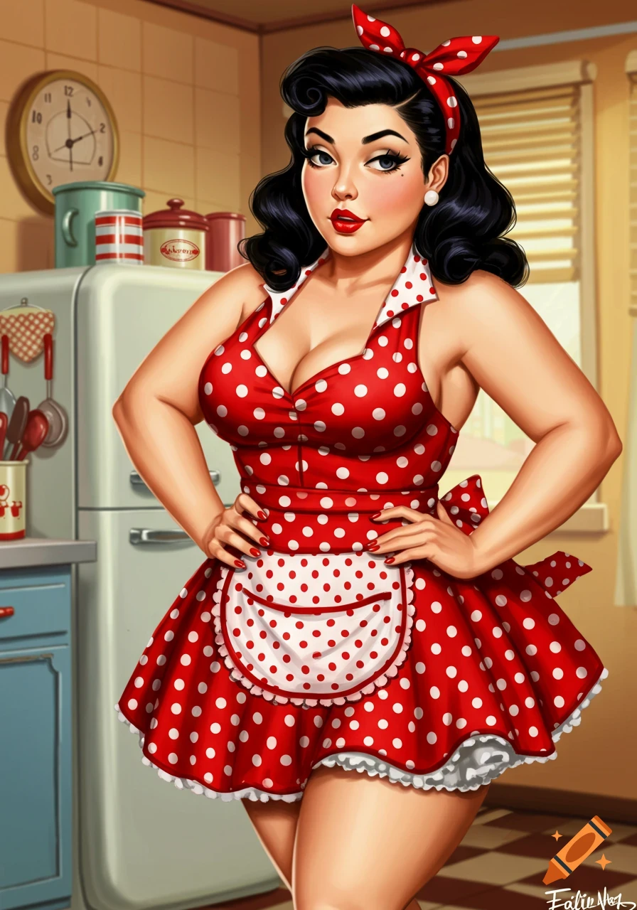 A stylized 1950s pin-up woman with black hair in a red and white polka dot dress and apron stands in a kitchen.