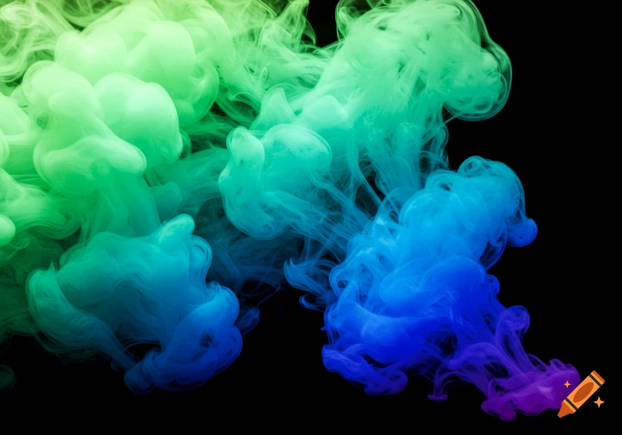 Billowing light green, blue, and purple smoke swirls against a black background.