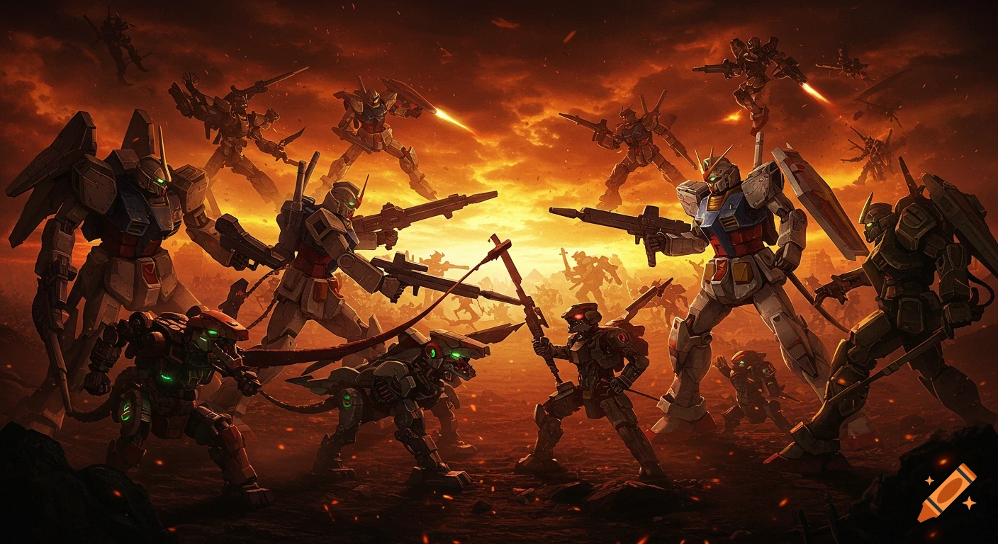 An epic, high-contrast battle scene featuring numerous Zoids and Gundam mechs fighting under a fiery orange sky.