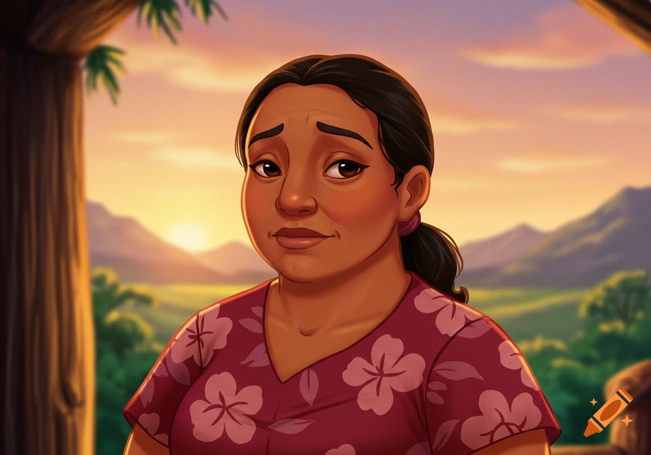 Cartoon illustration of a woman with dark hair and a floral shirt, with a tropical sunset and mountains in the background.
