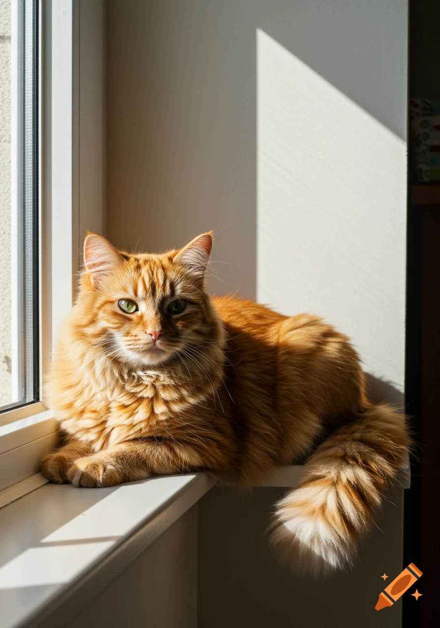 An orange tabby cat with green eyes lies on a sunlit windowsill. on Craiyon