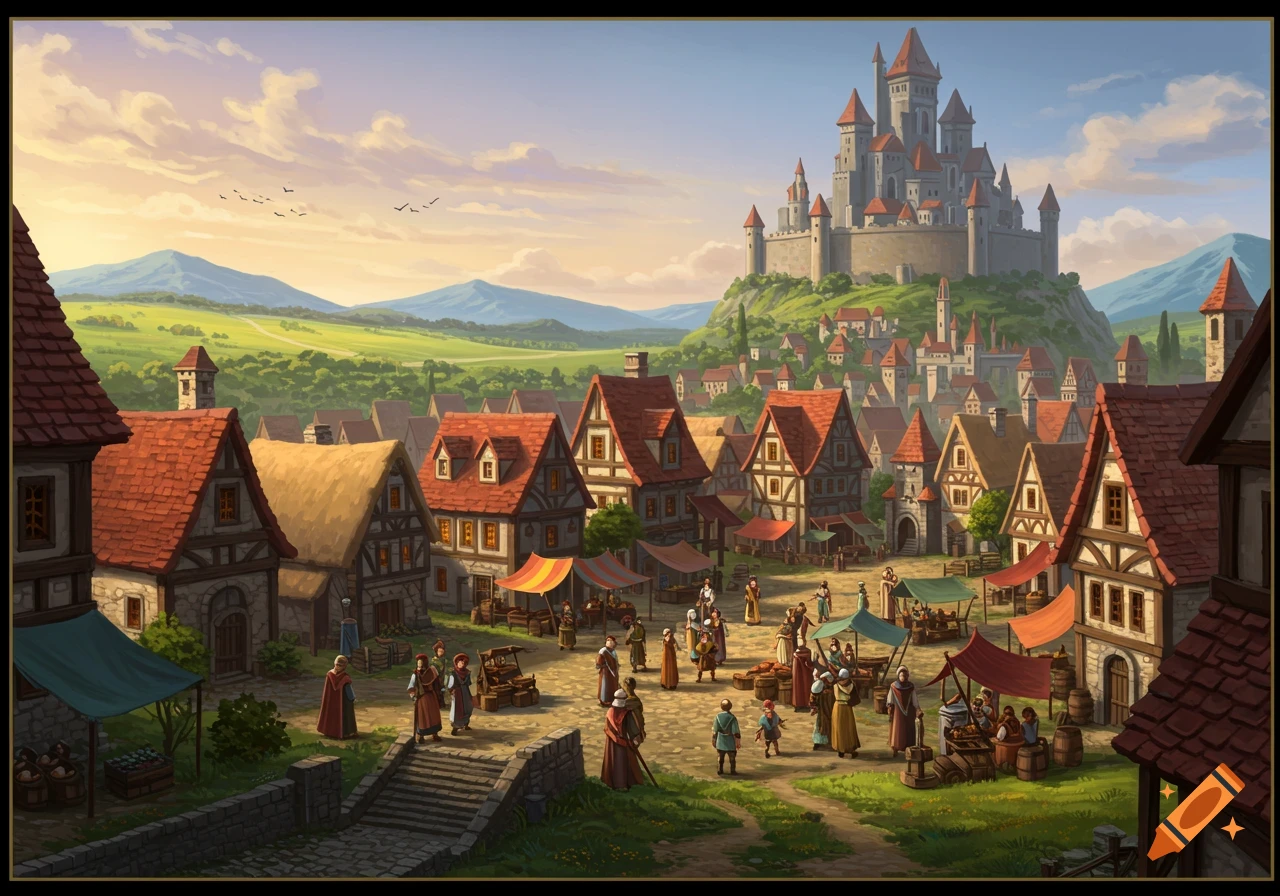 A detailed illustration of a bustling medieval village with a market square, houses, and a large castle on a hill under a clear sky.