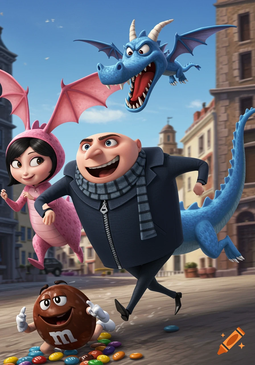 Cartoon image of Gru with a blue dragon tail and wings running with Agnes as a pink dragon, and an M&M's character, on a city street.