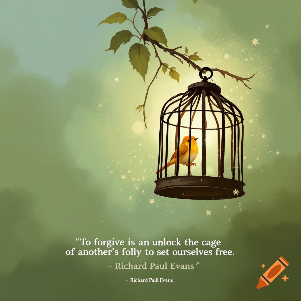 A yellow bird sits inside a black birdcage hanging from a tree branch against a soft green, misty background with glowing particles. A quote is centered below the cage.