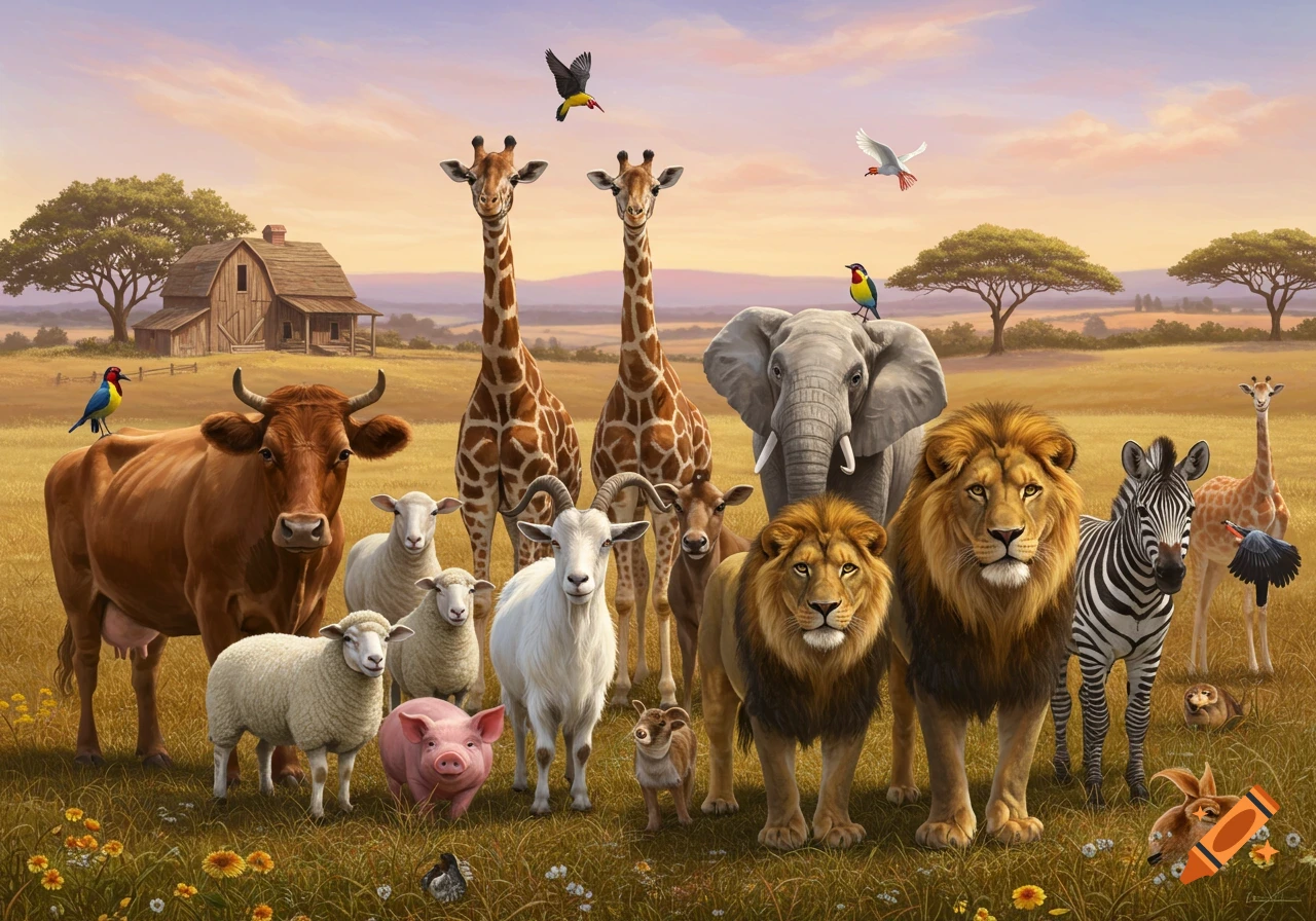 A detailed painting of a diverse group of farm and African animals including a cow, giraffes, lions, elephant, zebra, sheep, and a pig, standing together in a grassy field with a barn and trees in the background.