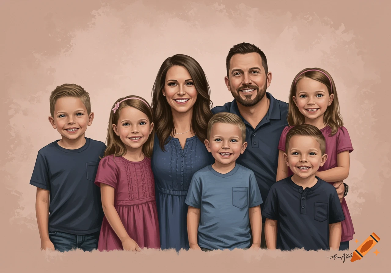 A painted portrait of a smiling family of six, including parents and ...