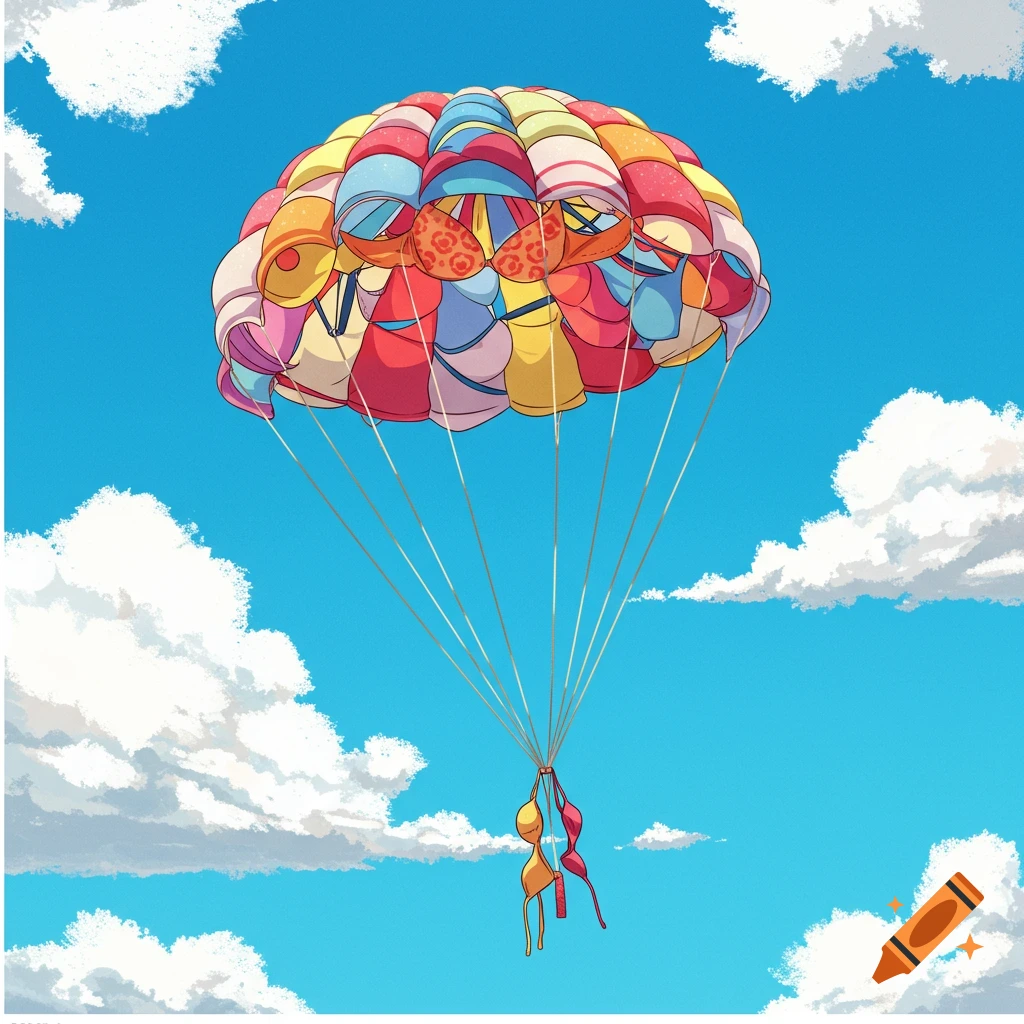 A colorful parachute made of bras and lingerie floats in a blue sky with white clouds, in an illustration style.