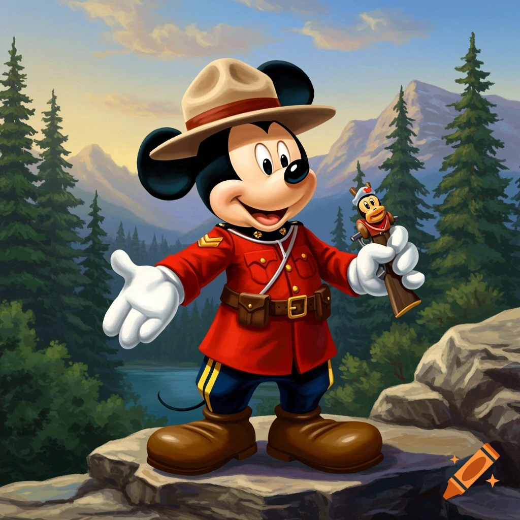 Mickey Mouse dressed as a Canadian Mountie, holding a small toy figure, standing on rocks in a mountainous forest landscape.