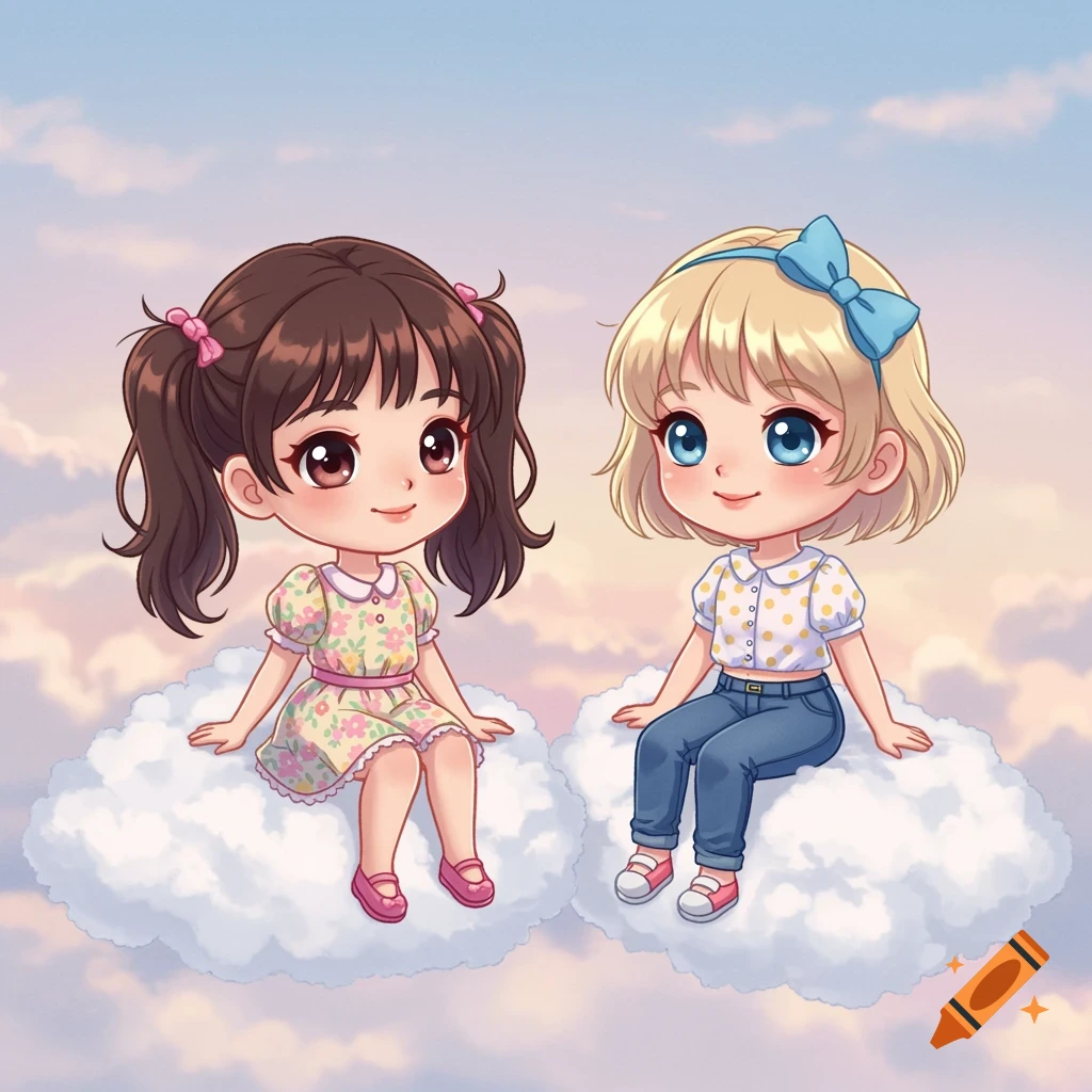 Two cute chibi-style cartoon girls with big eyes sit smiling on white clouds against a pastel blue and pink sky.