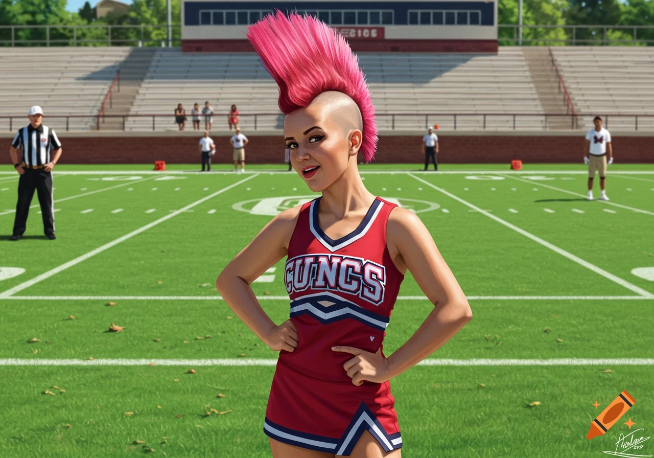 A young woman with a pink mohawk in a red cheerleader uniform stands on a football field with stadium bleachers in the background.