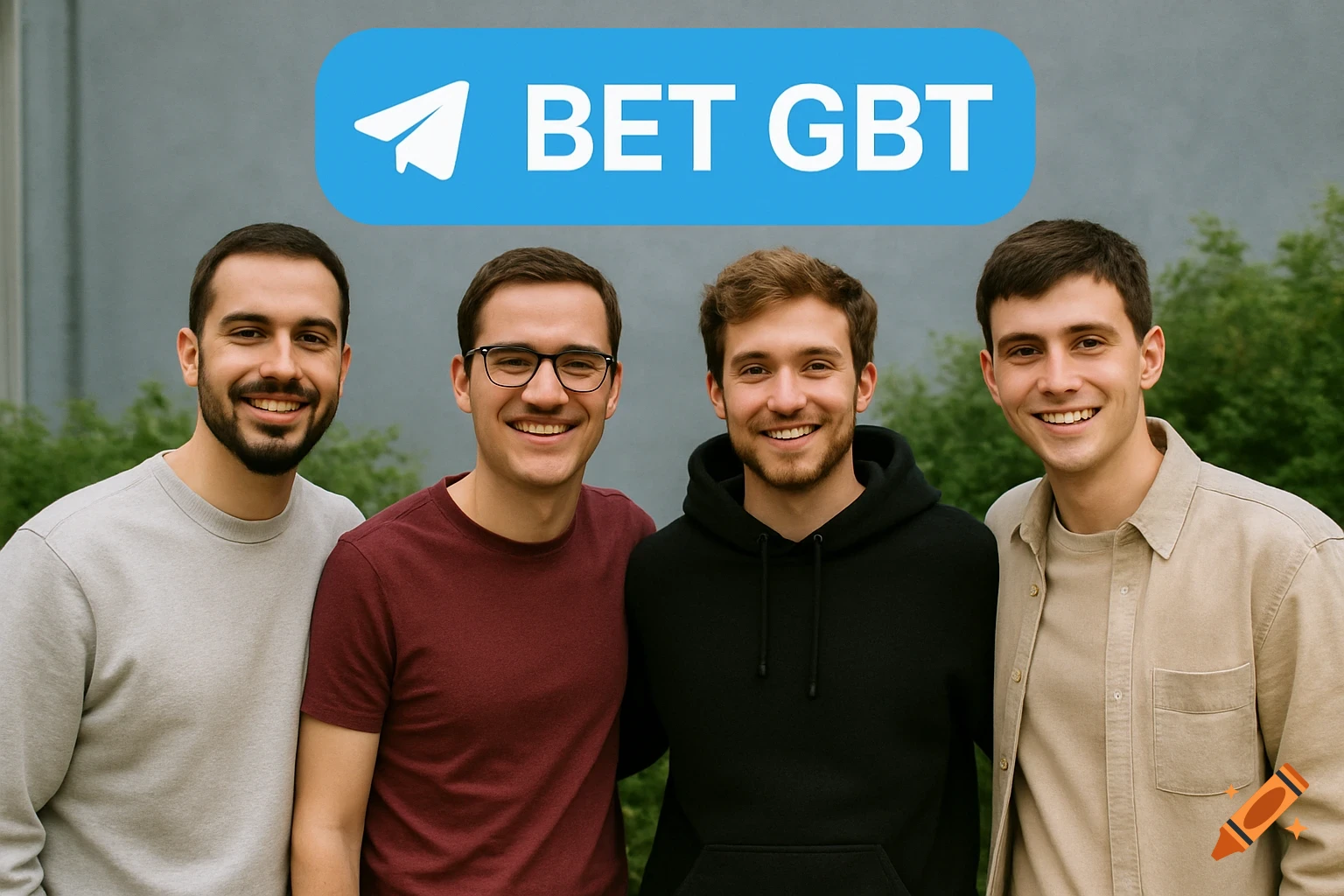 Four young men smiling, with a blue banner displaying 'BET GBT' and a paper plane icon above their heads.