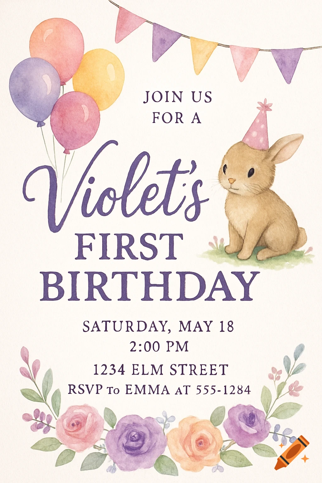 Watercolor birthday invitation for Violet's first birthday, featuring a cute bunny wearing a party hat, balloons, and floral illustrations.