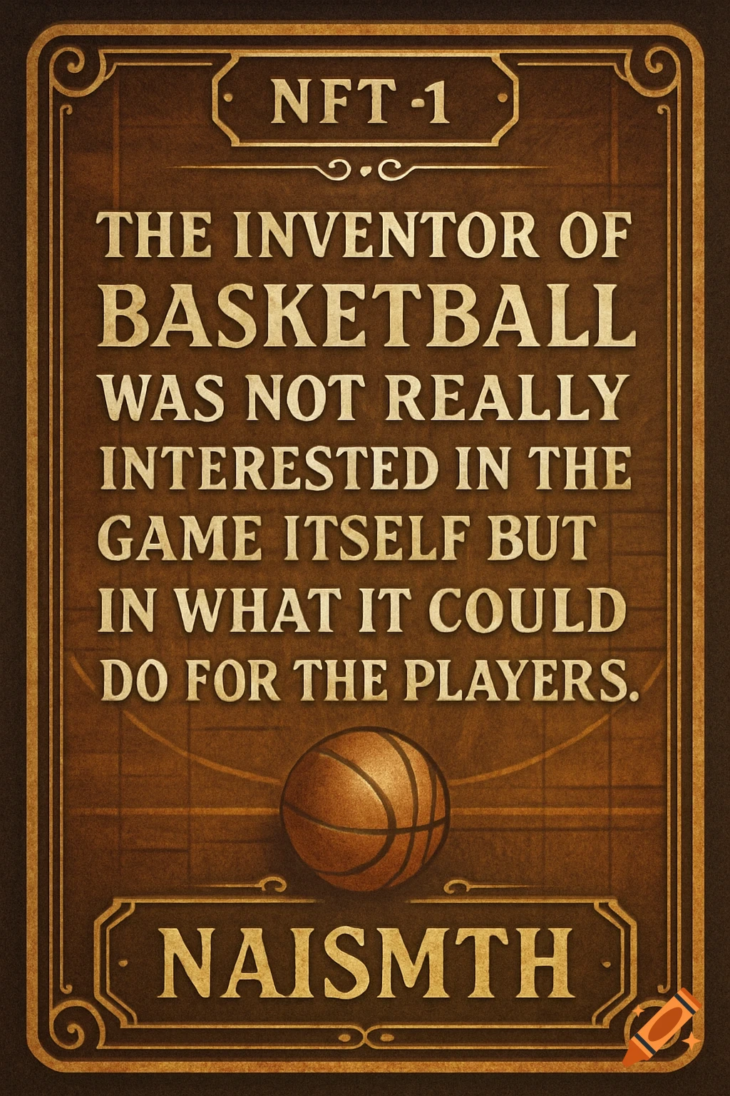Vintage brown sign with gold borders, featuring a basketball and the quote 'The inventor of basketball was not really interested in the game itself but in what it could do for the players.' with 'NAISMTH' at the bottom.