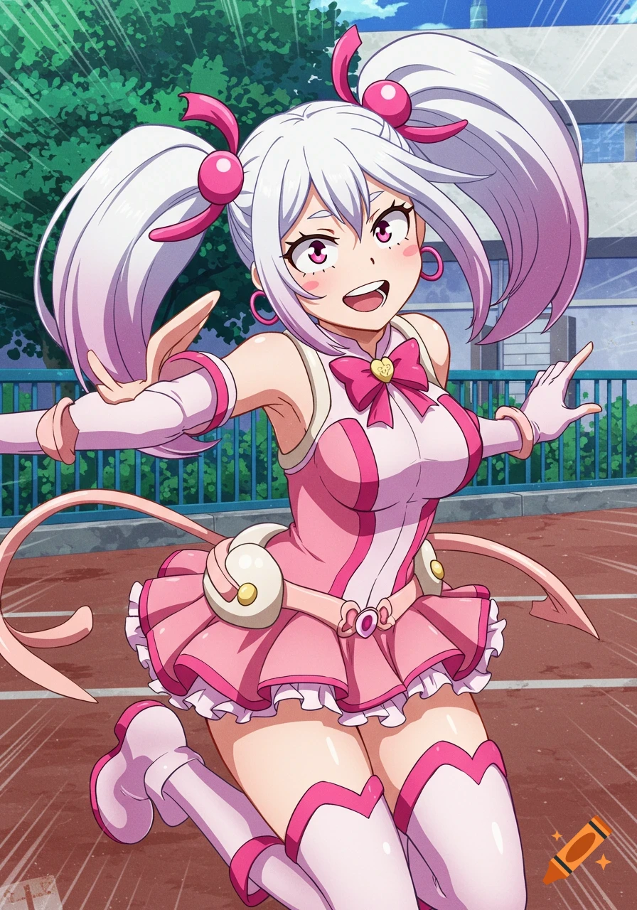 An anime magical girl with white pigtails, pink eyes, and a pink and white magical girl outfit stands on a red running track.