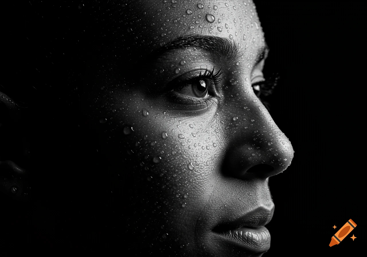 High-contrast black and white close-up portrait of a person's face covered in water droplets, seen in profile.