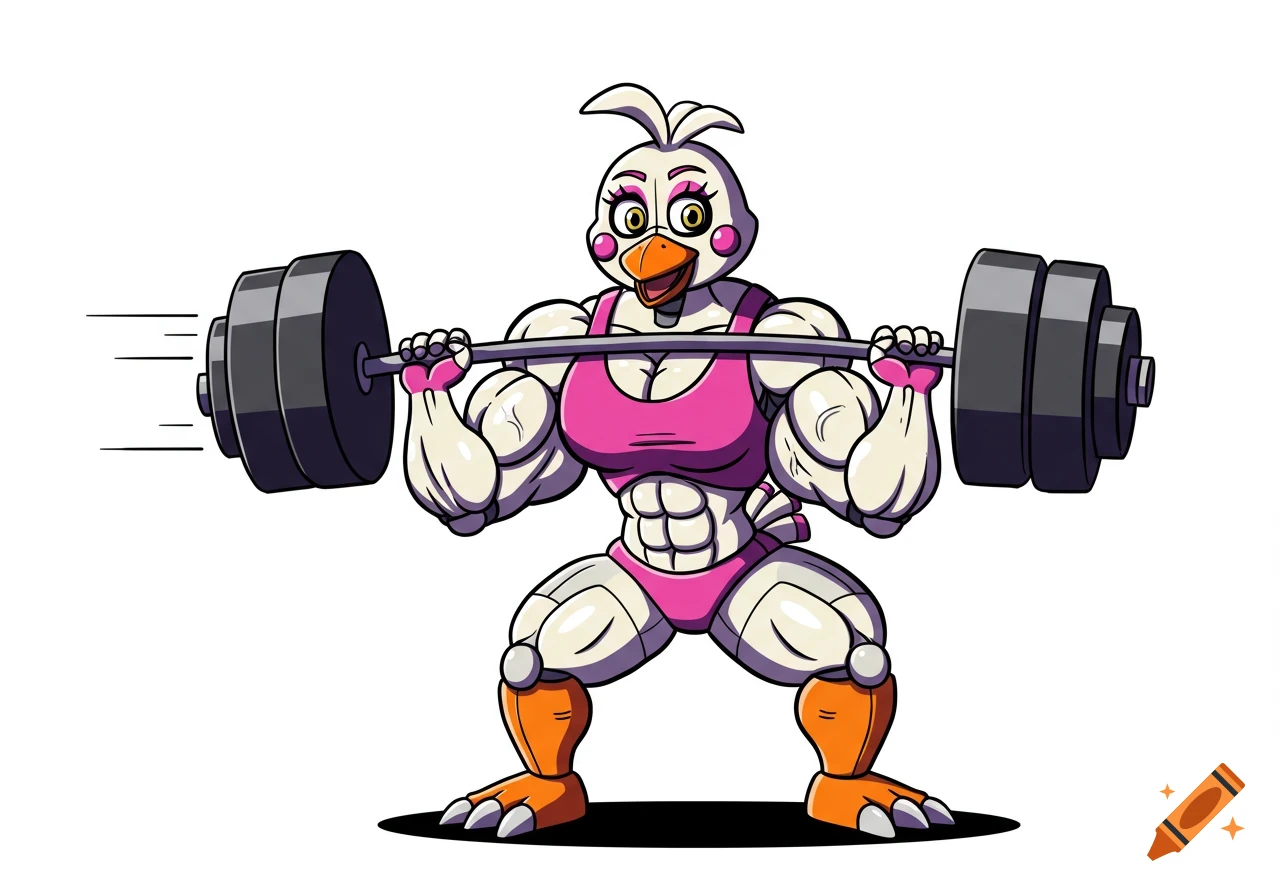 Cartoon of a muscular Funtime Chica in pink sportswear lifting a heavy barbell with speed lines.