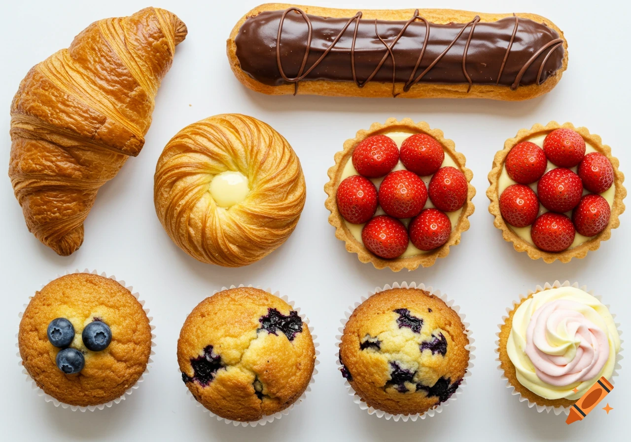 An overhead shot of various pastries including a croissant, an eclair, fruit tarts, and blueberry muffins on a white background.
