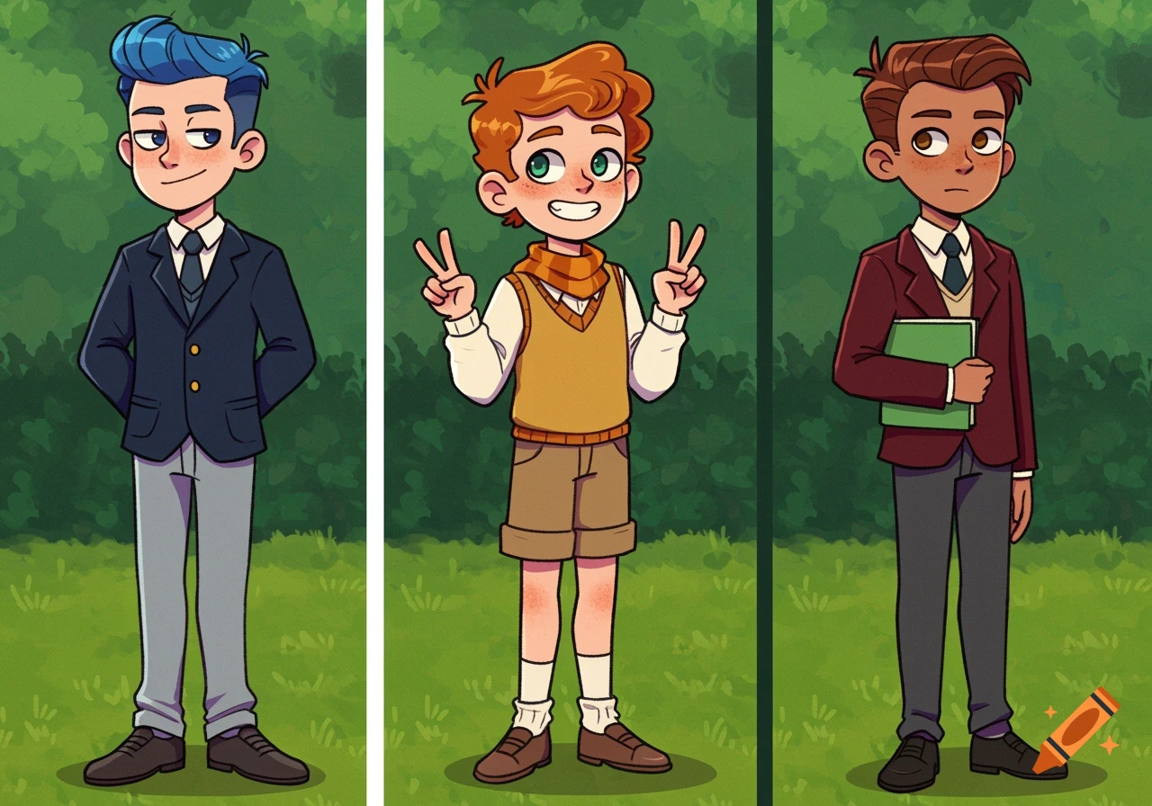 Three cartoon boys in a field: one in a navy blazer smirking, one in a yellow vest making peace signs, and one in a maroon blazer holding a book.