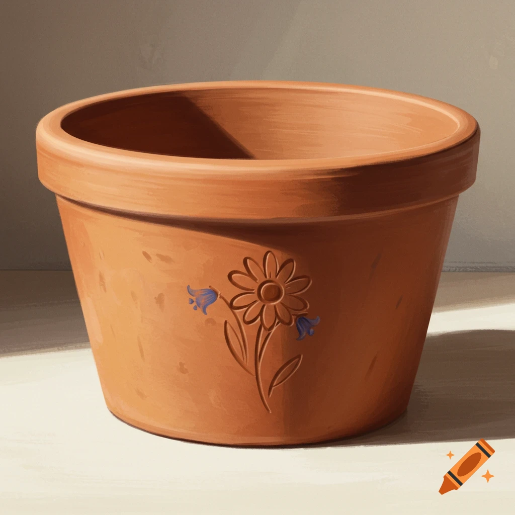 A terracotta plant pot with a simple engraved daisy and two blue bellflowers, illuminated by soft sunlight.