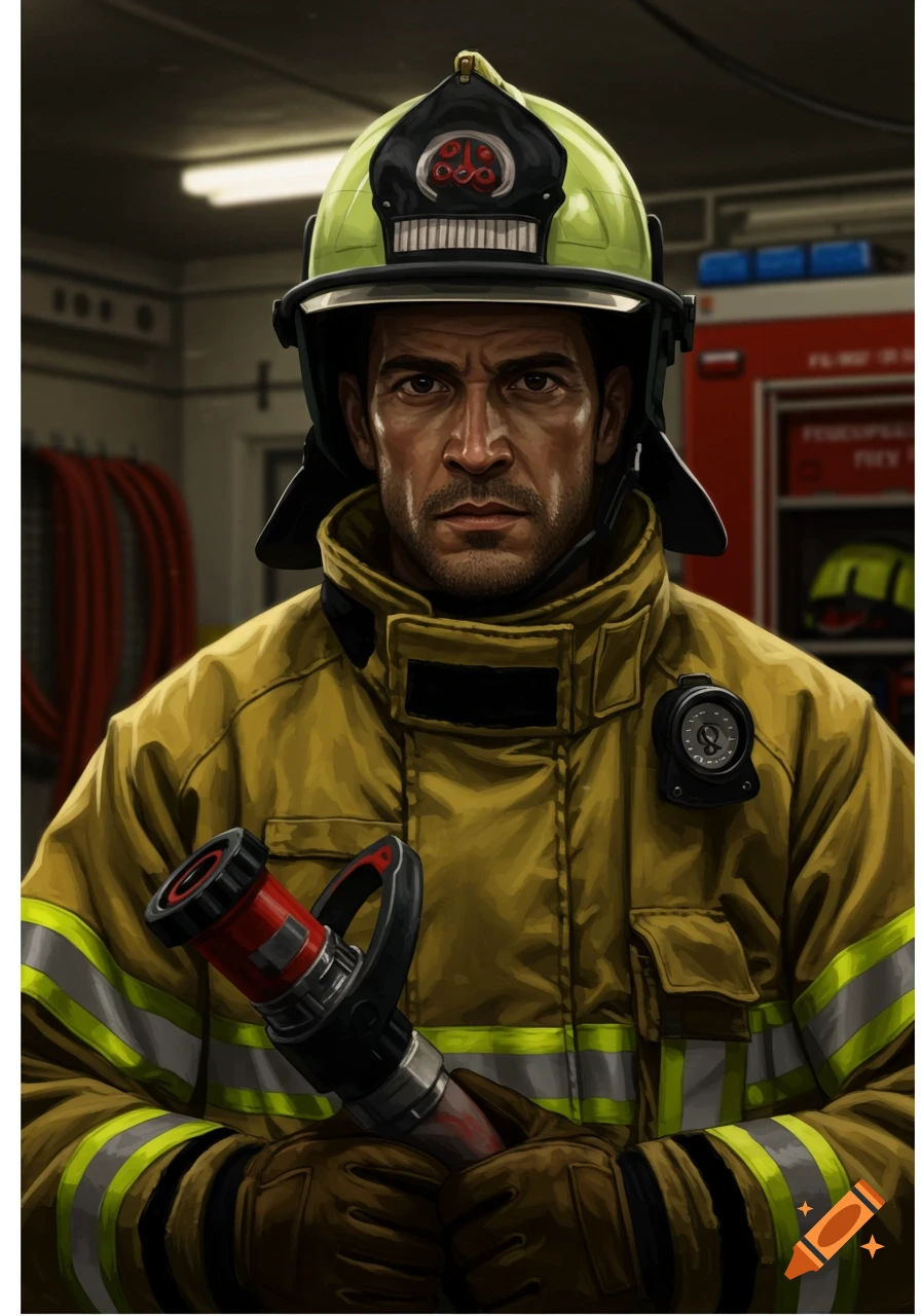 A serious-looking firefighter in a yellow suit and lime green helmet holds a hose nozzle, standing in a fire station. Digital art style.