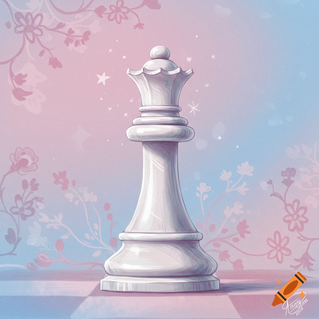 A white chess queen on a checkered board, set against a dreamy pastel pink and blue background with floral patterns.