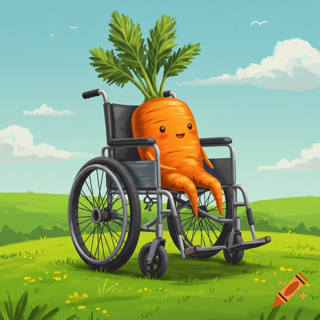 A cute, cartoon carrot with a happy face sits in a wheelchair in a vibrant green field under a blue sky.