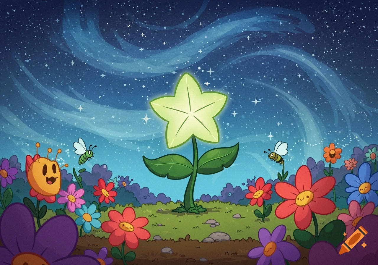 A whimsical cartoon garden at night, with colorful flowers, some with faces, and a central glowing star-shaped plant under a starry sky.