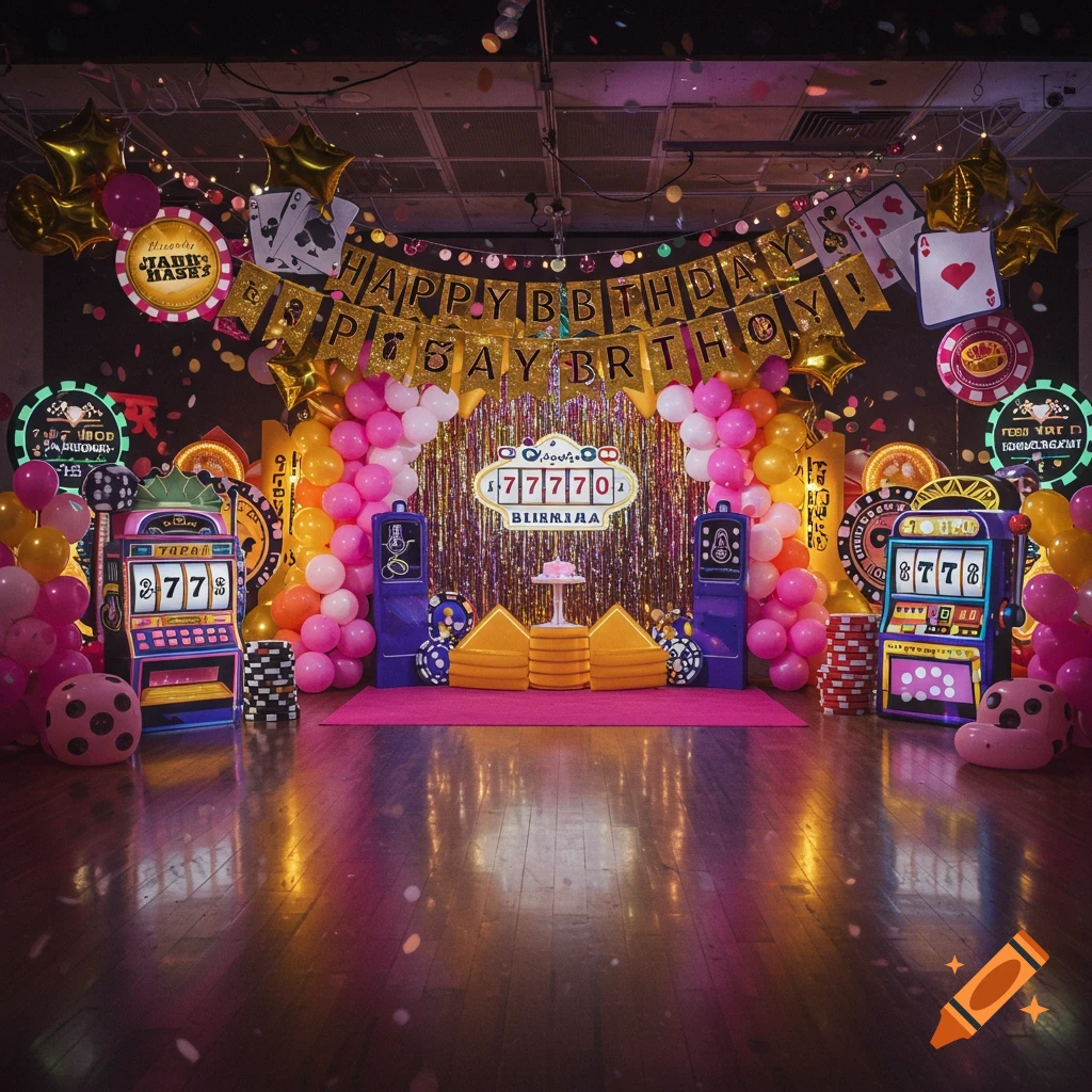 A vibrant Vegas-themed birthday party setup with a "Happy Birthday" banner, slot machine props, balloons, and casino-themed decorations in pink, gold, and purple.