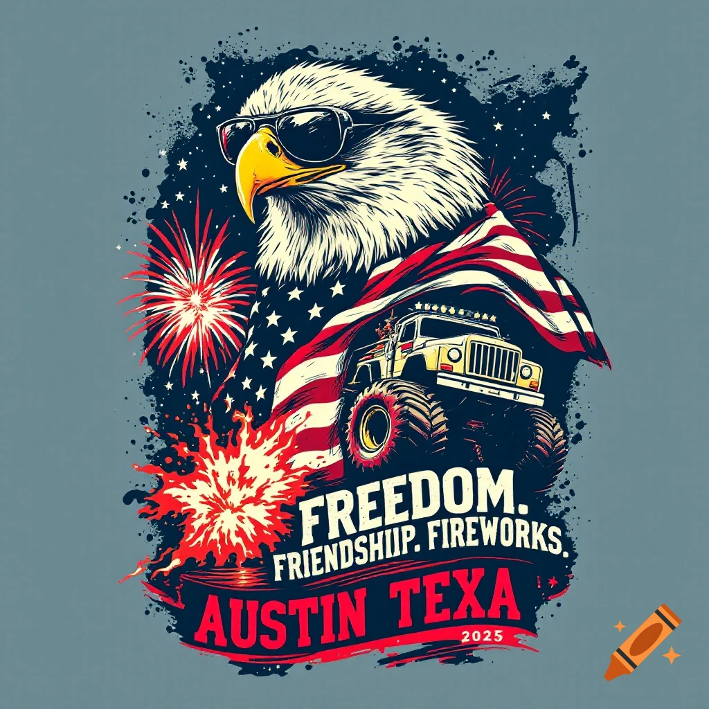 An illustration in a screenprint style featuring a bald eagle in aviator sunglasses, an American flag, fireworks, and a monster truck, with text that reads "FREEDOM. FRIENDSHIIP. FIREWORKS. AUSTIN TEXA 2025."
