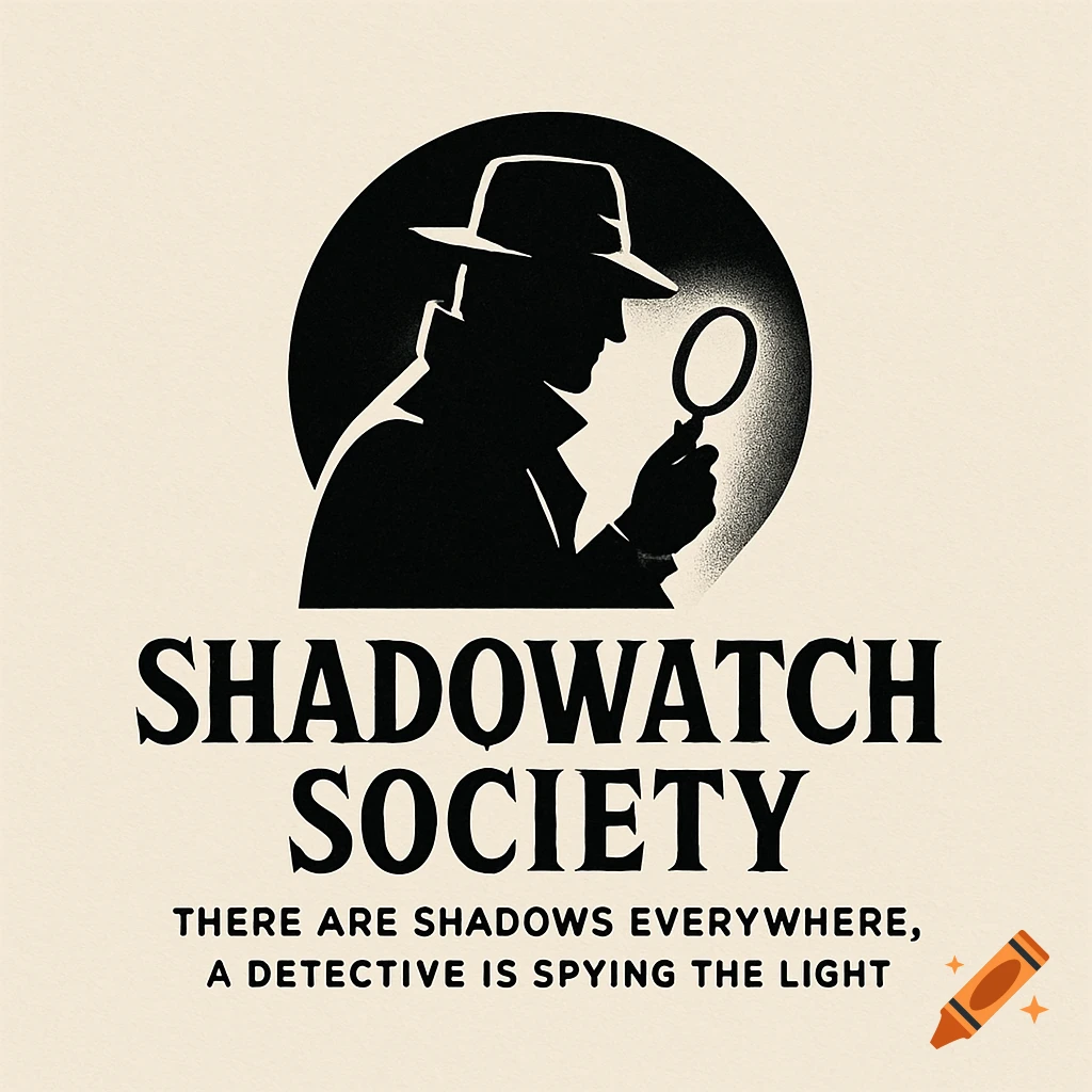 A black silhouette logo of a detective in a fedora holding a magnifying glass, with the text 'SHADOWATCH SOCIETY' and a motto below.