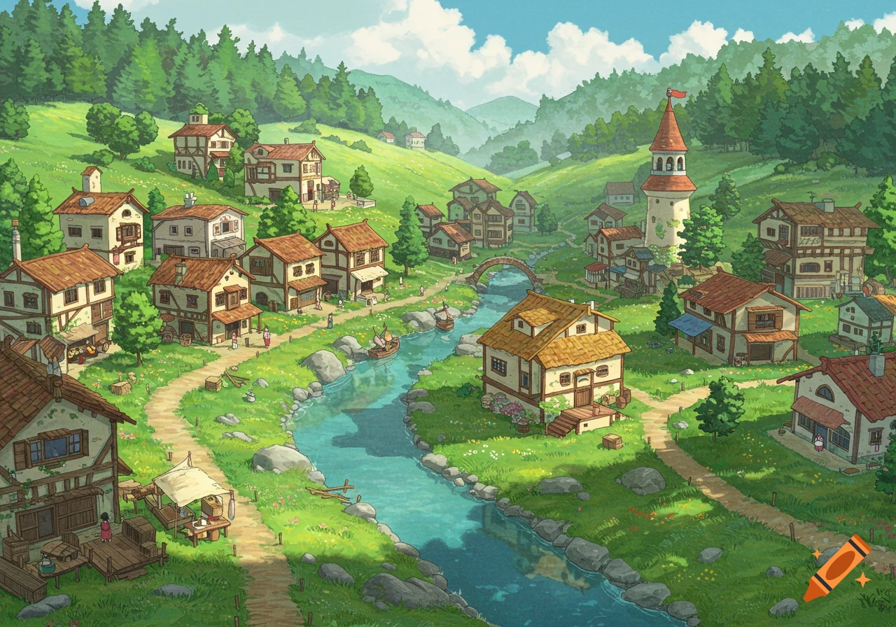 A serene anime-style village with a river flowing through green hills, surrounded by charming houses with red roofs and a central tower.