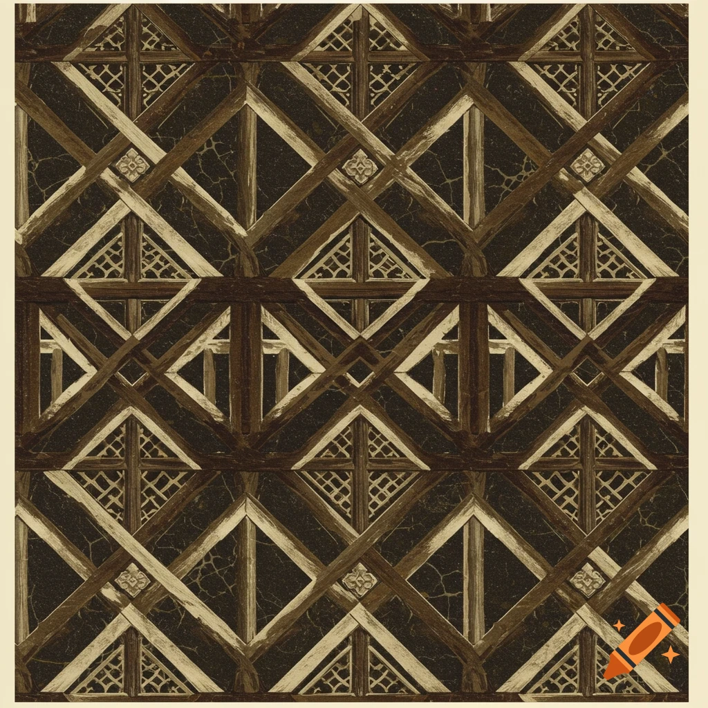 A repeating geometric pattern of dark brown and light beige criss-crossing beams forming diamonds and triangles, in a Tudor style.
