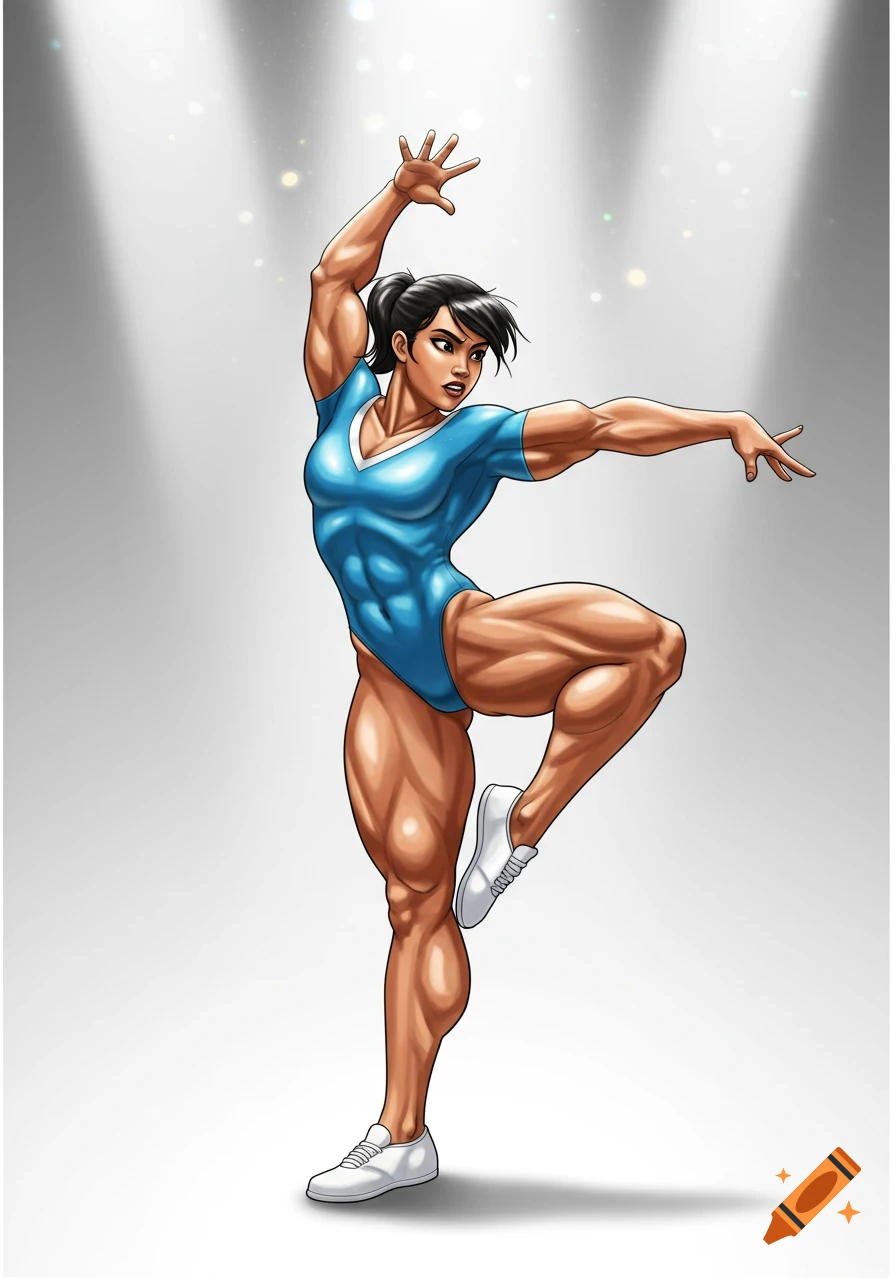 A muscular Filipina gymnast in a blue leotard poses in a comic art style.