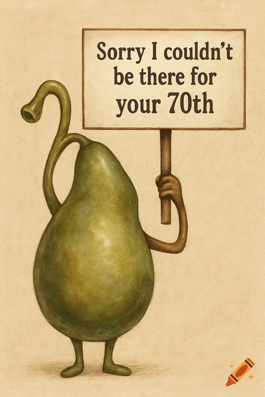 A cartoon green gallbladder-like character holds a sign saying 'Sorry I couldn't be there for your 70th'.