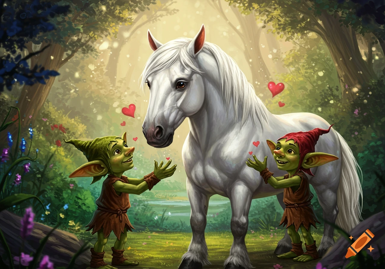 A majestic white horse stands in an enchanted forest with two green goblins looking at it lovingly, surrounded by hearts, in a digital painting style.