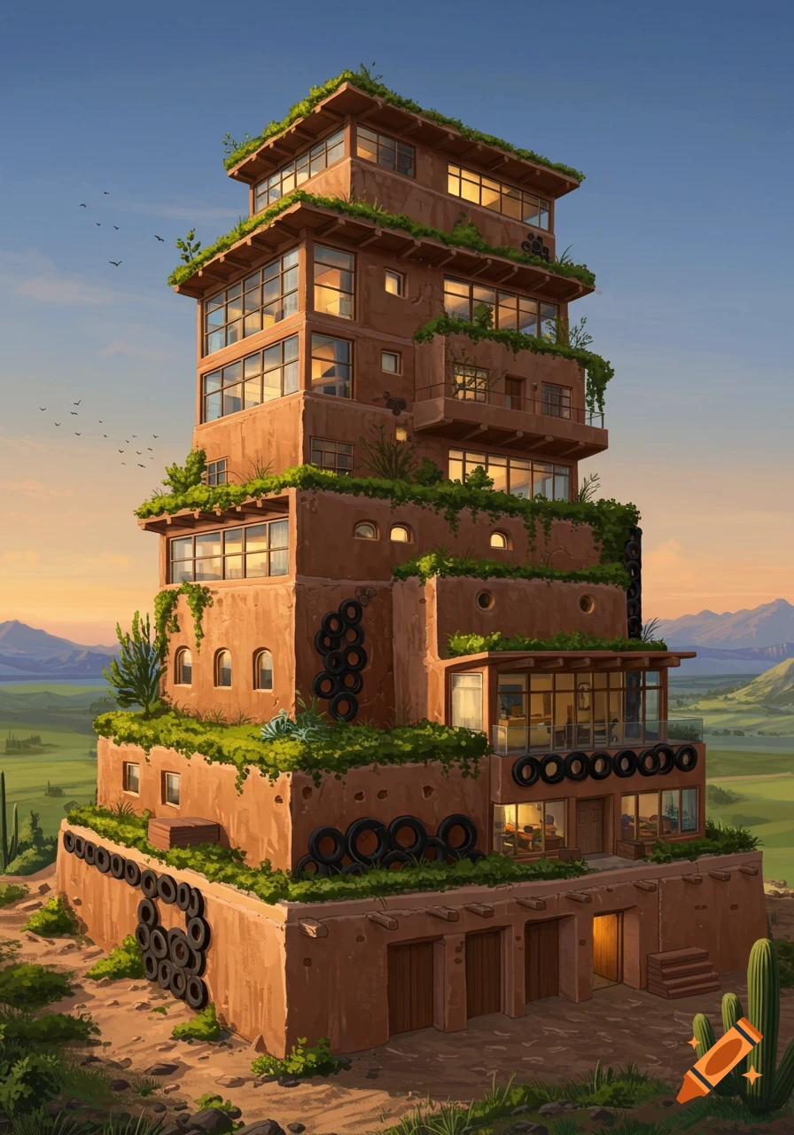 A tall, multi-story earthship building made of adobe and recycled tires, covered in greenery, set against a desert landscape at sunset.